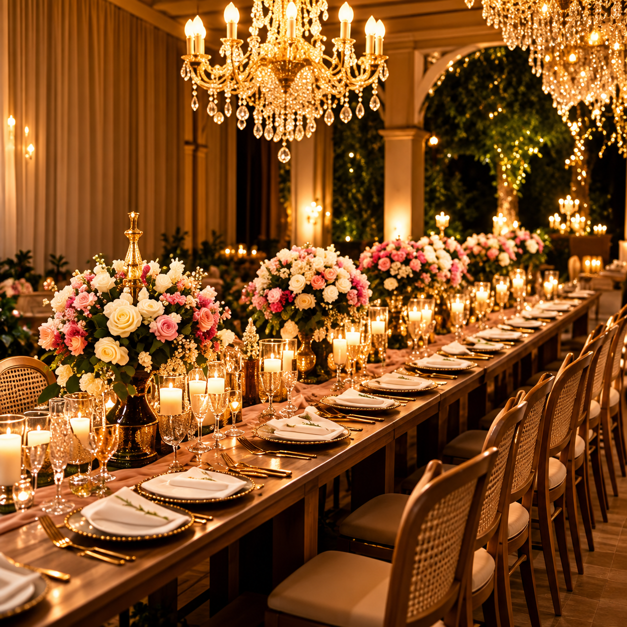 Candlelit Garden Banquet Under Chandeliers